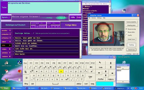 Screenshot of the speech program (top left),  an on-screen keyboard (below) and a head control program (middle right)