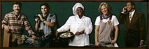 Photograph of five people in various work outfits, including a chef and a photographer. The background is dark green.