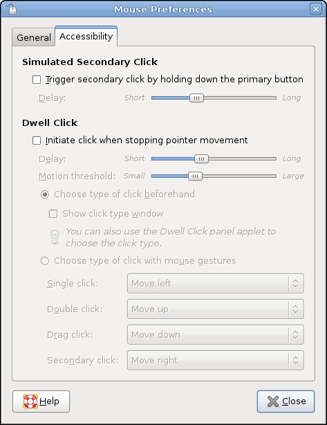 Mouse preferences accessibility menu featuring simulated secondary click options and dwell click options.