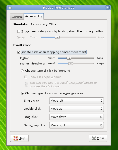 Mouse preferences accessibility menu with click options.