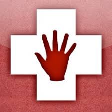 Outline of a white medical cross with a red hand inside against a red background. 