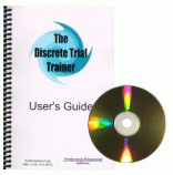 A CD ROM shown next to a spiral-bound "user's guide" for the "Discrete Trial Trainer." The user's guide has a blue "whirlwind" graphic on the cover.