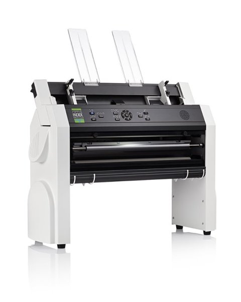 A black and light grey device resembling standard printer, but with a built-in elevated stand.