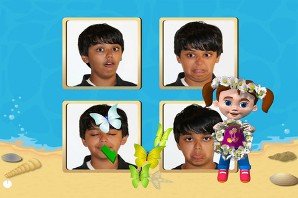 Screenshot of an animated beach scene with a children's character standing in front of four different images of a teenage boy with different facial expressions in each.
