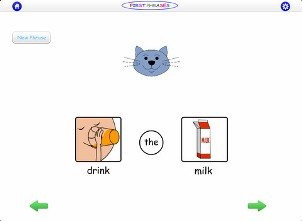 Screenshot of a cat face illustration, with two icons underneath depicting a child drinking and a milk carton. Below these icons, it reads "Drink the milk."