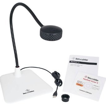 White trapezoidal stand connected to a long black, curved neck with a round disc-shaped camera at the end.