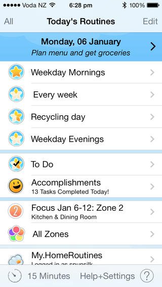 Screen showing a Today's Routines menu with various recurring tasks listed.