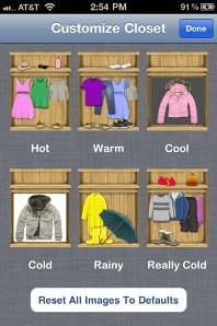 Screenshot of a customize closet function, with two rows of three images each of clothing for different weather conditions.