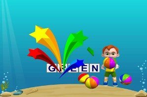 Screenshot of a colorful drawing of a boy, underwater, standing on the seafloor with inflatable balls and stars streaming around him.