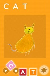 A children's app featuring a bright orange background with a child's drawing of a cat. At the top of the screen is the word "CAT" in white font. Below are three-letter icons that the child must select from to successfully write the word.