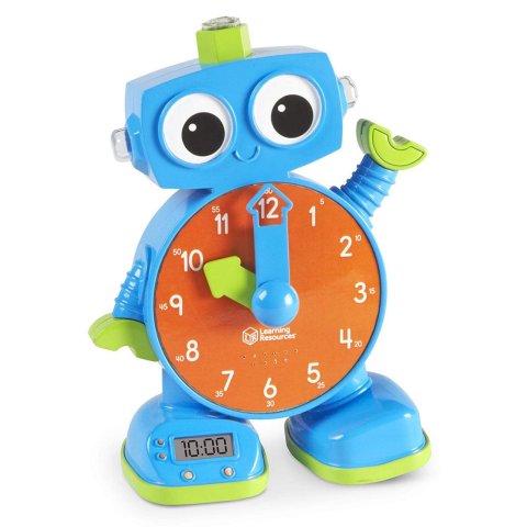A bright blue-and-green robot with a large, orange analog clock on his belly. On his right foot, there is a small digital clock.