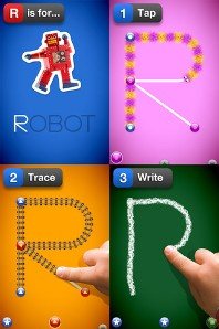 Screenshot divided into four blocks, with upper left block showing a robot and the other three blocks showing the sequence of steps taken to trace the letter R.
