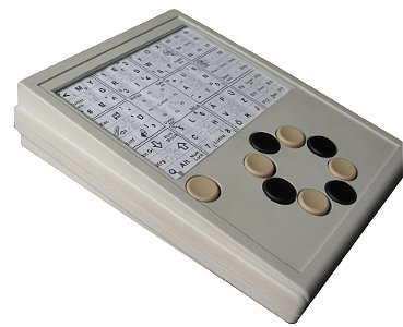 Square mouse device with large interface and 8 black and white buttons in circular arrangement with on button to the side. 