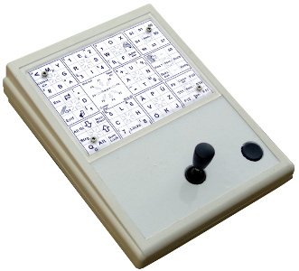 Square mouse device with large interface and a small joystick and single button.