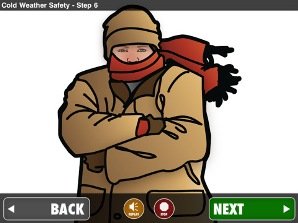 Screenshot of a man with his arms folded and dressed in a winter jacket and hat and scarf with next and back buttons below him.