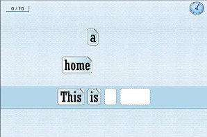 Screenshot showing a sentence being constructed as words are chosen to fill in blanks.