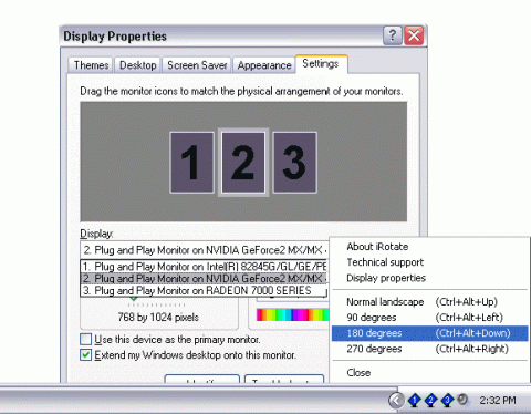 Screenshot of popup menu that allows you to rotate the screen. Large gray horizontal area in upper part of the screen displays the numbers 1, 2, and 3 in a row of boxes. 