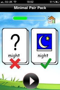 Screenshot showing two cards with a symbol and word on them and an X or a checkmark next to them.