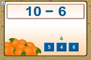 Screenshot of subtraction problem across the top, a pile of pumpkins on the left, and three possible answers on the left.