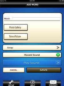 Screenshot of an iOS menu featuring options to "take a picture" or choose a photo from the "photo gallery." There are various menu buttons, including one that reads "record sound." At the bottom of the screen, there are "cancel" and "save" buttons.