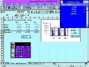 Screenshot of a Windows program displaying a blue spreadsheet with various figures and a graph.