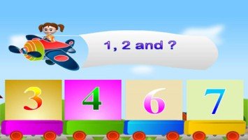 Screenshot of a colorful drawing depicting a young girl flying an airplane with a banner saying "1, 2 and?" over four blocks with numbers in them.
