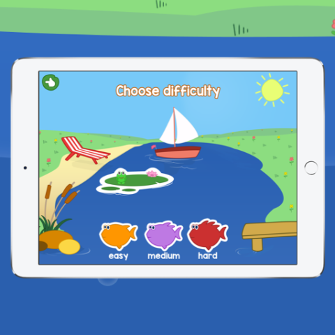 Screenshot showing a drawing of a beach on a lake and the option for the user to choose their difficulty level.