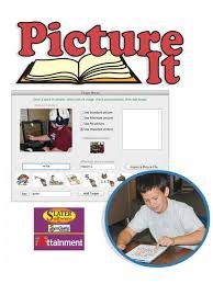 Software name and logo on top with a screenshot of the program's menu in the middle and a round cut out in the lower right featuring a picture of a boy holding a pencil and reading a book.