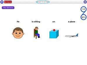 Screenshot of four drawings of a boy's face, boy sitting on a chair, a red power button, and an airplane, with the words above them forming a sentence. 
