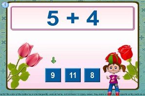 Screenshot of a math problem across the top against a pink background and a drawing of two roses coming out diagonally from the left and right corners. A young girl is standing on the bottom right and on her left are three possible answers.