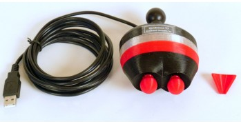 Black, oval-shaped device with two red buttons on one end and a cable coming out of the other end with a USB connector.