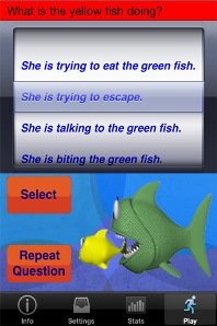 Screenshot showing a scrolling wheel at the top with a series of sentences and a colorful drawing of a green fish about to eat a smaller yellow fish on the bottom.