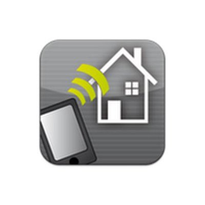 KNX Controller app icon featuring a smartphone sending wifi waves towards a house. .