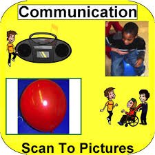 Rounded yellow square with Communication written across the top, four images of communication in the middle, and app name along the bottom.