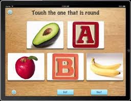 Screenshot of language development screen showing five images and a prompt to select the one that matches the question.
