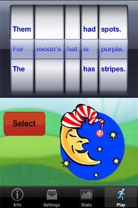 Screenshot showing scrolling wheels for parts of a sentence at the top and an image with menu options on the lower half of the screen.