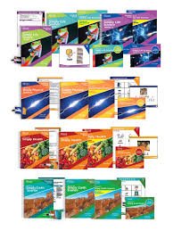 Image of four rows of workbook and booklet sets for the science curriculums covered.