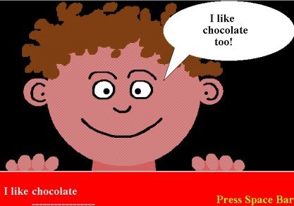 Cartoon drawing of young boy with brown hair smiling and saying "I like chocolate too!"