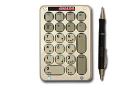 Vertical rectangular gold numeric keypad with pen along right side.