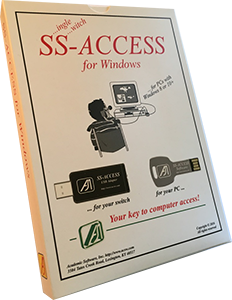 Angled view of software box cover showing a person seated using a computer with a switch and a drawing of a thumb drive below. 