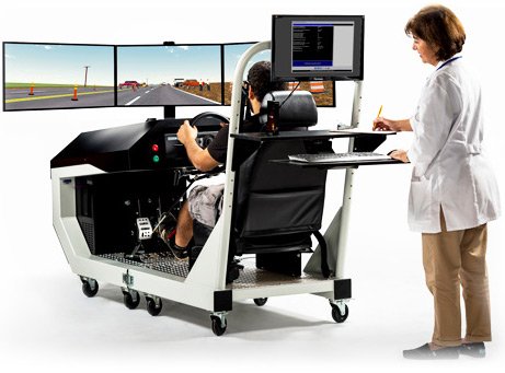A user sitting in a simulated driving console (includes a chair and steering wheel positioned in front of three monitors) with a person wearing a white lab coat standing behind them taking notes.