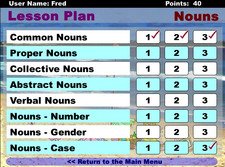 Screenshot showing a lesson plan for nouns with a list of exercises and checkboxes.