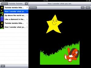 Screenshot showing a drop down menu on the left and cartoon drawing of a dog lying in grassy yard at night with a yellow smiling star in the sky.