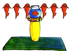 Drawing of a fishbowl on a yellow stand which is sitting on a green mat. Three dancing red fish are suspended on each side of the fishbowl.