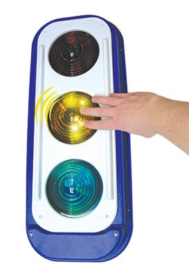 Picture of a traffic light shaped device with a hand pushing down on the middle yellow light.