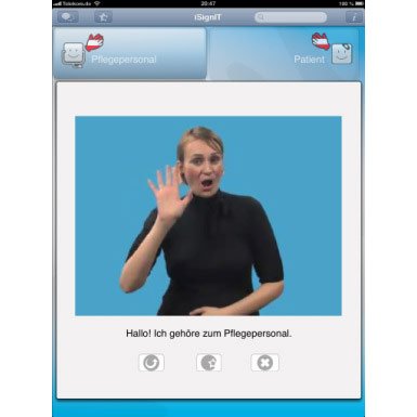 An application on a mobile device with a woman signing.