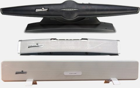 Three desktop-sized microphone devices stacked on top of each other. The top one is black and saucer shaped, the middle one is white and has a slightly curved rectangular shape, and the bottom one is gray and has a long straight rectangular shape.