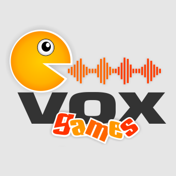 Gray square with orange Pacman-like face with a sound wave coming out of its mouth on top of the word vox and games written below it. 