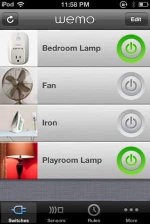 Screenshot showing menu of controllable devices, including a bedroom lamp, a fan, an iron, and a playroom lamp.