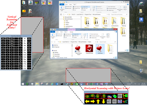 Screenshot of Windows desktop with multiple windows open and pop outs magnifying two of the program's functions.